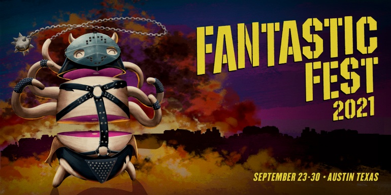 Graphic image of horror science fiction fantasy poster for an event called the Fantastic Fest 2021 and the Alamo Drafthouse in Austin, Texas. Posted to Archives of the Afflicted by Wickedmama. 